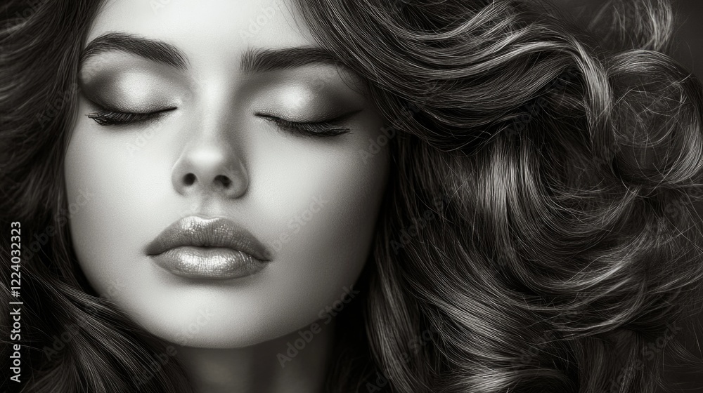 Portrait of a beautiful woman with voluminous curly hair, softly closed eyes, and radiant skin tones in a desaturated monochrome setting. Portrait of a beautiful woman with voluminous curly hair, softly closed eyes, and radiant skin tones in a desaturated monochrome setting.