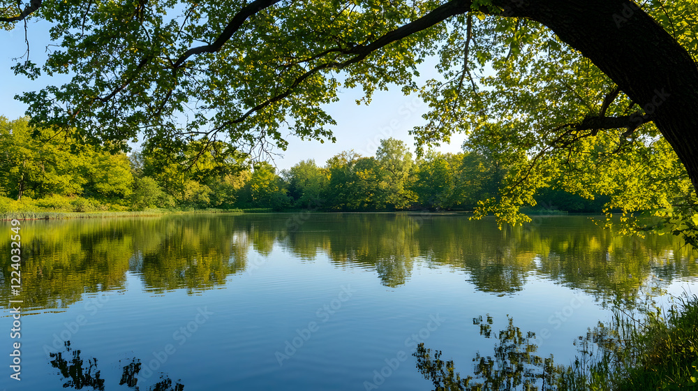 Fototapeta premium Tranquil Lake with Reflection of Lush Green Trees in Summer : Generative AI