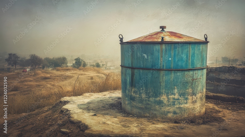 Fototapeta premium Weathered Water Tank on a Dry Landscape Under a Hazy Sky