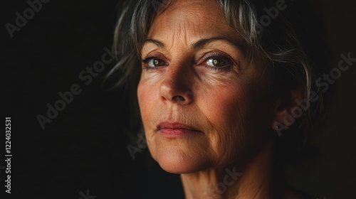 Dramatic low key portrait of a 50-year-old middle-aged woman with short gray hair and expressive eyes highlighting natural aging features in shadowed setting