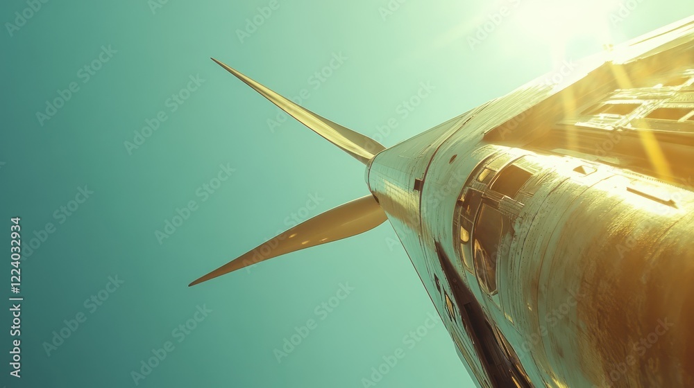Naklejka premium Blades of a wind turbine rotating against a clear blue sky during midday, showcasing clean energy in motion.