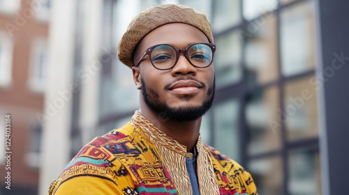 Handsome Afro American man with glasses wearing colorful traditional attire and cap posing confidently in modern urban environment. photo