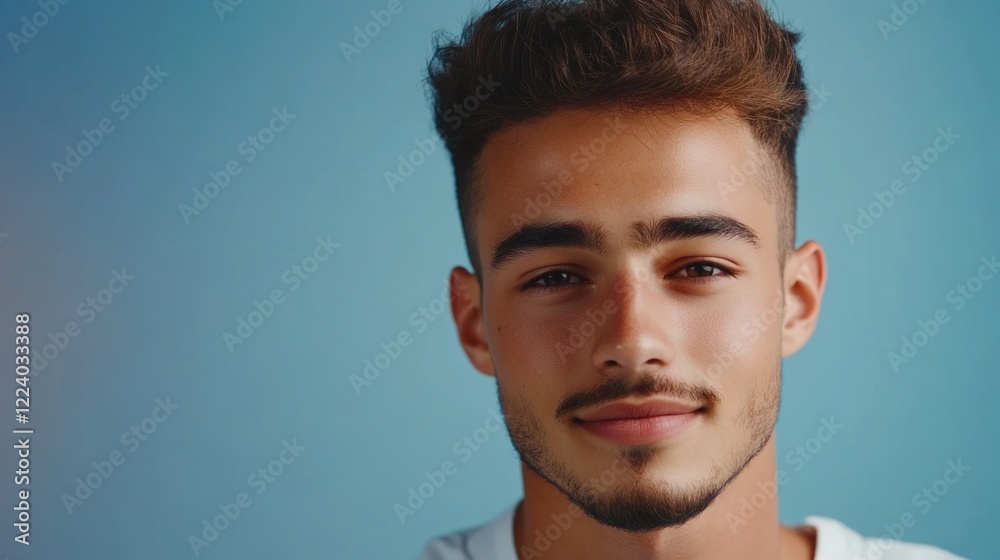 Young man undergoing hair growth treatment with injection, natural light, blue background, close-up portrait focusing on confidence and care. Young man undergoing hair growth treatment with injection, natural light, blue background, close-up portrait focusing on confidence and care.