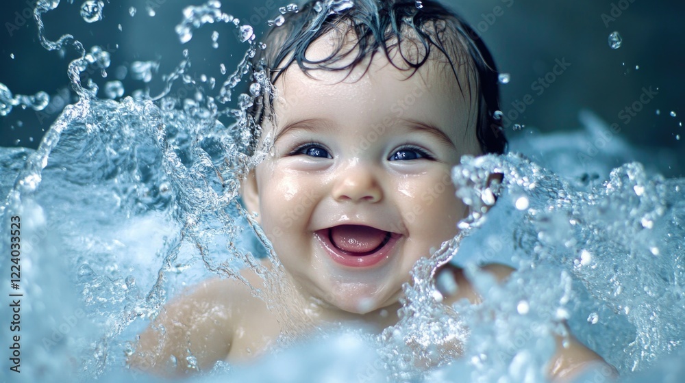 Joyful infant with wet hair splashing in vibrant blue water, showcasing happiness and playfulness in a serene aquatic environment. Joyful infant with wet hair splashing in vibrant blue water, showcasing happiness and playfulness in a serene aquatic environment.