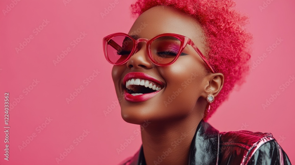 Cheerful young woman with vibrant pink curly hair and stylish red glasses, smiling against a bright pink background, exuding confidence and joy. Cheerful young woman with vibrant pink curly hair and stylish red glasses, smiling against a bright pink background, exuding confidence and joy.