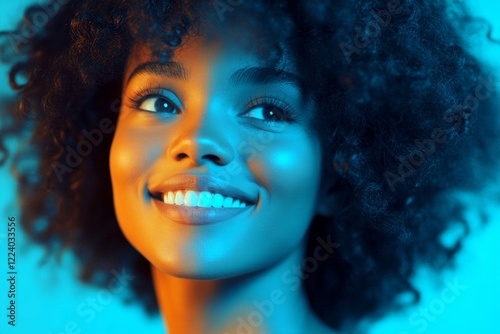 Commercial ad creative art. Short haircut - curly hair. Attractive smiling black girl - for ads, ad page ad and digital marketing use. Bold african american beauty. Bold african american look.