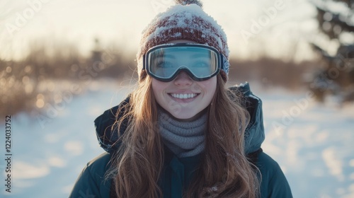 Smiling young woman in ski goggles wearing a warm jacket, standing in a snowy field with sunlight, winter landscape backdrop. photo