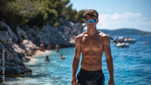 Fototapeta Naklejka Na Ścianę i Meble -  Young man showcasing toned summer physique at a serene beach in Croatia wearing sunglasses and swim shorts, with scenic coastal backdrop.