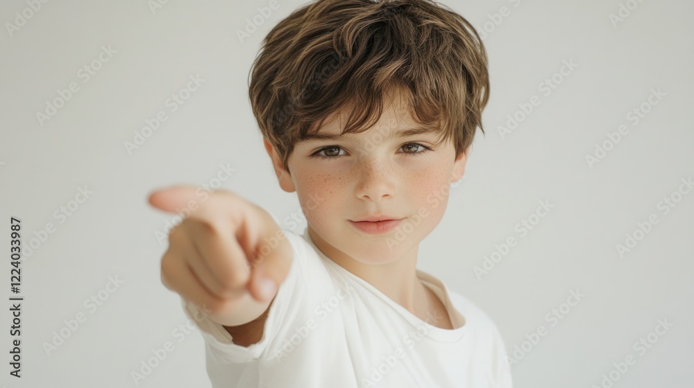Boy with short brown hair wearing white shirt pointing at camera against neutral white background, capturing playful and engaging expression. Boy with short brown hair wearing white shirt pointing at camera against neutral white background, capturing playful and engaging expression.