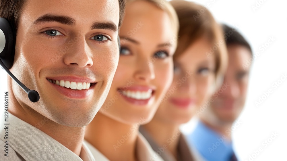 Professional IT Service Team Portrait with Smiling Diverse Individuals in Headsets against a Bright White Background