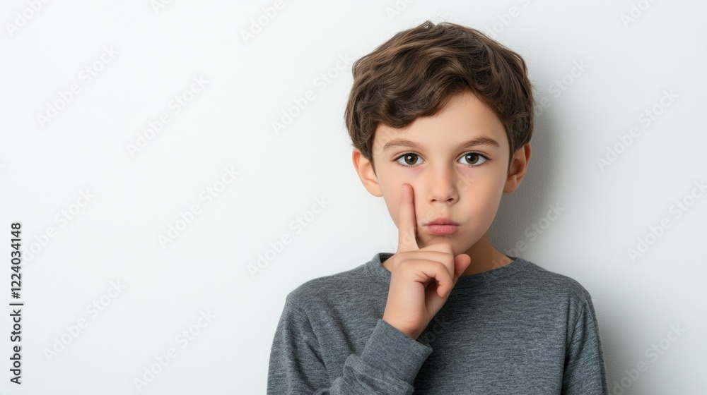 Boy making silence gesture with finger on lips, wearing gray shirt, against clean white background emphasizing calmness and quiet. Boy making silence gesture with finger on lips, wearing gray shirt, against clean white background emphasizing calmness and quiet.