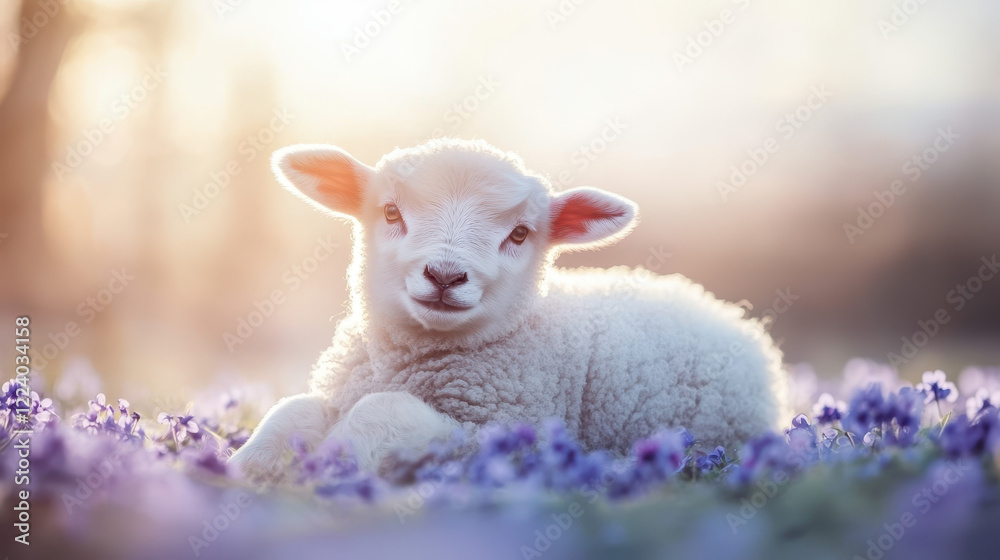 Obraz premium fluffy lamb resting peacefully in patch of violets, radiating tranquility