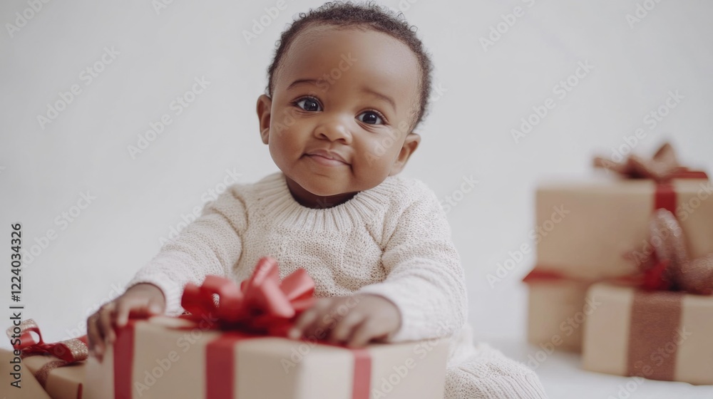 Adorable African American baby wearing cream knit outfit joyfully playing with Christmas gifts wrapped in festive red ribbons on soft white background. Adorable African American baby wearing cream knit outfit joyfully playing with Christmas gifts wrapped in festive red ribbons on soft white background.