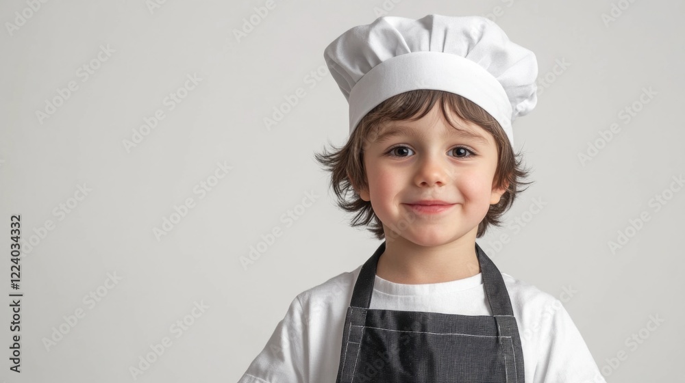 cheerful preschool-aged boy wearing a white chef's hat and black apron smiling against a neutral grey backdrop cheerful preschool-aged boy wearing a white chef's hat and black apron smiling against a neutral grey backdrop