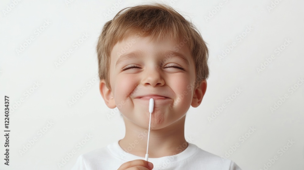 Smiling young boy with short blonde hair playfully winking at the camera while holding a cotton swab against a bright white background Smiling young boy with short blonde hair playfully winking at the camera while holding a cotton swab against a bright white background