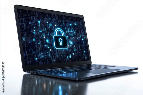  A futuristic digital artwork showing a laptop screen with a glowing green lock icon, symbolizing cybersecurity, online data privacy, and digital security measures in the modern world.
