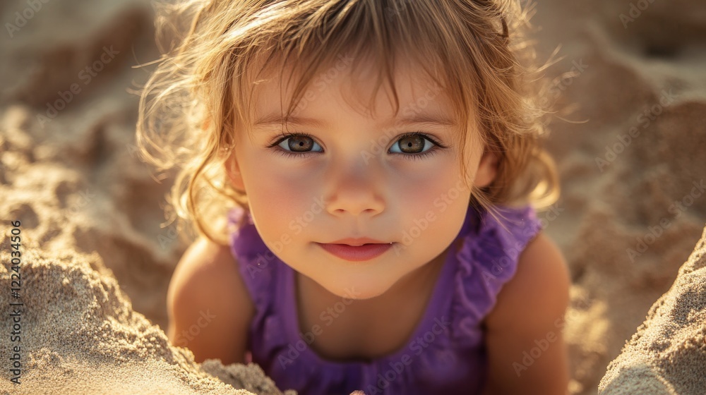 Toddler girl in a vibrant purple dress smiling into the camera, portrait close-up on a sunny summer day, surrounded by sandy playground setting. Toddler girl in a vibrant purple dress smiling into the camera, portrait close-up on a sunny summer day, surrounded by sandy playground setting.
