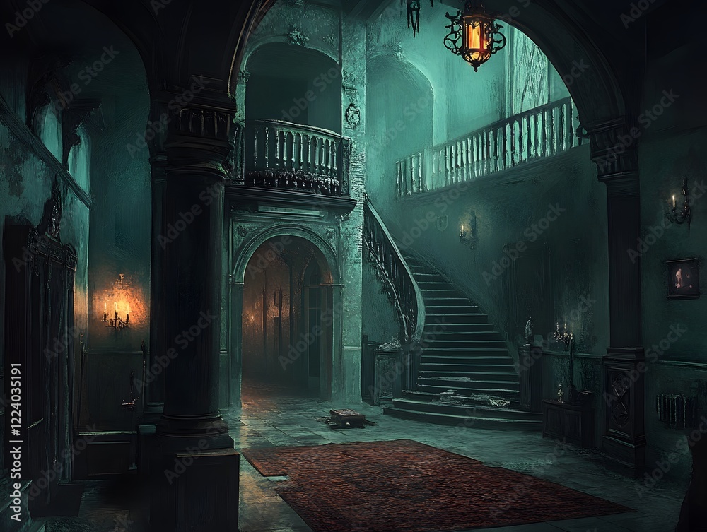 Obraz premium Dark Mysterious Mansion Grand Staircase Interior