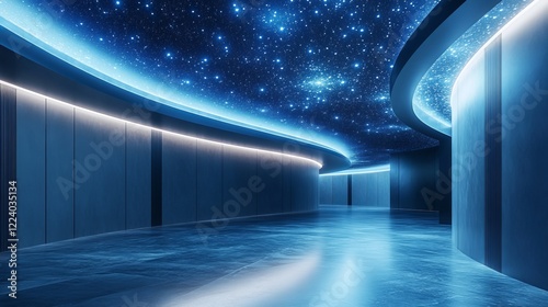 A Long Enigmatic Corridor with a Deep Blue Ceiling Adorned with Twinkling Stars Creating a Dreamlike and Mystical Atmosphere Inviting Exploration and Imagination in an Enchanting Setting photo