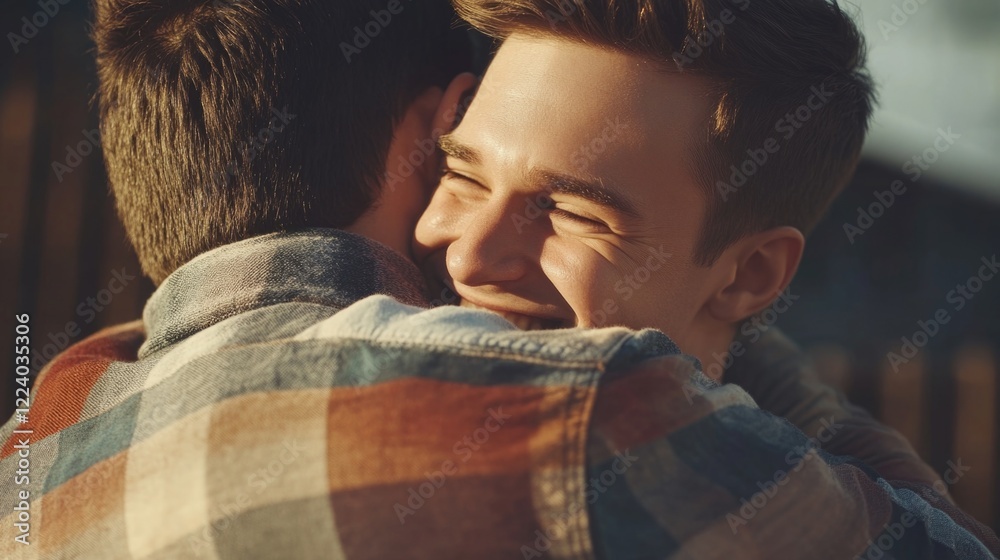 Fototapeta premium Attractive young gay couple embracing joyfully outdoors in warm sunlight displaying love and intimacy in a romantic relationship.