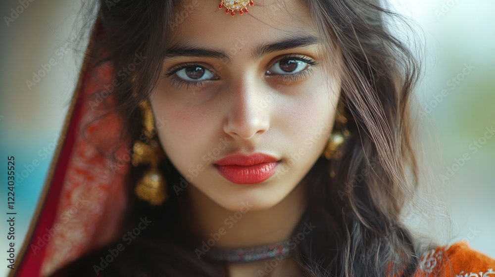 Fototapeta premium Portrait of young Indian woman with long dark hair wearing traditional jewelry and vibrant orange attire, showcasing positive emotions and confidence.