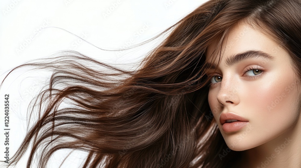 Obraz premium Luxury portrait of young brunette woman with flowing hair on white background showcasing natural beauty and elegance with radiant skin tones
