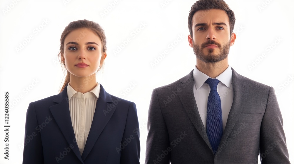 Professional man and woman in well-fitted navy and gray suits posing confidently against a bright white background, career and business concept. Professional man and woman in well-fitted navy and gray suits posing confidently against a bright white background, career and business concept.