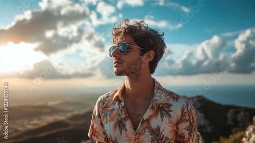 Stylish man in floral summer shirt and sunglasses gazing at landscape from mountain peak against blue sky with clouds and warm sunlight photo