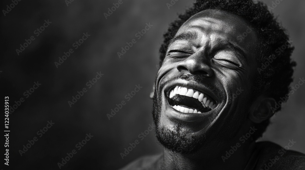 Joyful African American man expressing laughter in a close-up portrait with dark background highlighting his vibrant smile and coily hair. Joyful African American man expressing laughter in a close-up portrait with dark background highlighting his vibrant smile and coily hair.