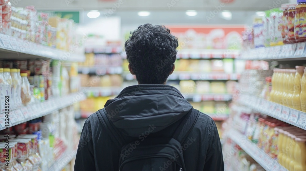 Man shopping in well-stocked supermarket aisle with colorful products, wearing black jacket and backpack, observing goods on shelves. Man shopping in well-stocked supermarket aisle with colorful products, wearing black jacket and backpack, observing goods on shelves.