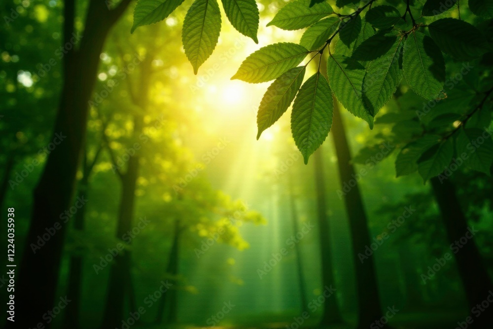 Obraz premium Soft sunlight filtering through the forest canopy, canopy, leaves