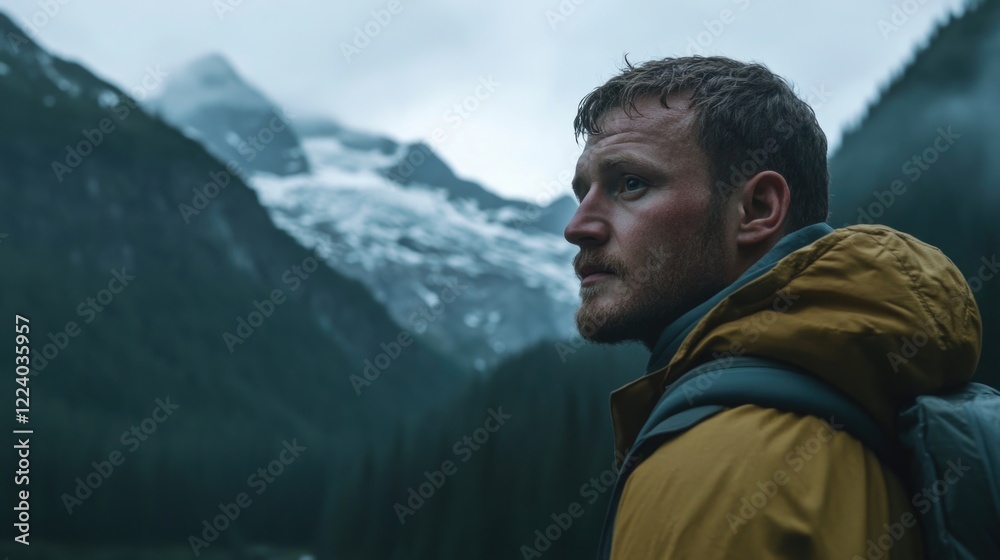Outdoor scene featuring a contemplative man in a yellow jacket gazing at majestic mountains under a cloudy sky, with lush greenery in the foreground. Outdoor scene featuring a contemplative man in a yellow jacket gazing at majestic mountains under a cloudy sky, with lush greenery in the foreground.