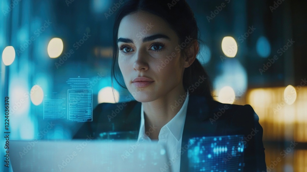 Naklejka premium Professional businesswoman in formal attire focused on laptop in modern office, illuminated by soft bokeh lights, featuring data protection hologram and technology concepts.