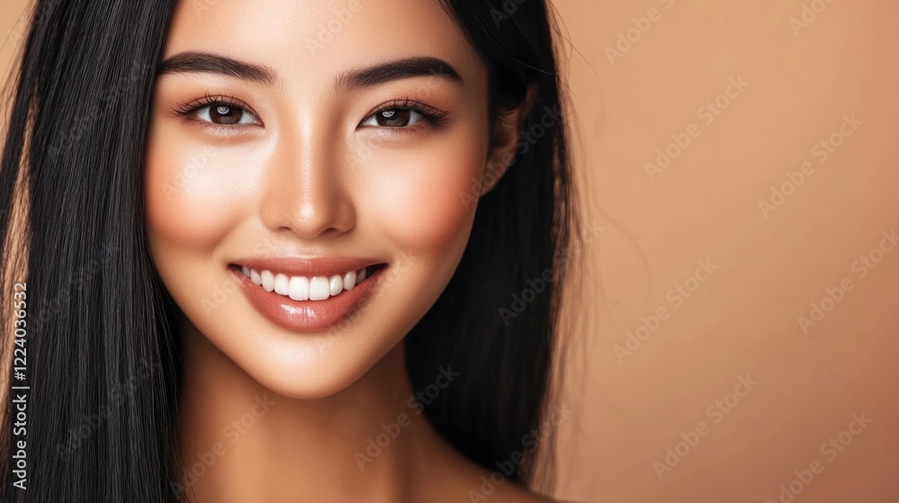 Fototapeta premium Smiling Asian woman with long black hair and flawless skin in close-up against warm neutral background ideal for beauty skincare and cosmetic advertising