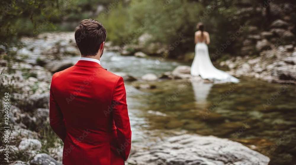 Handsome groom in vibrant red suit gazing over his shoulder at charming bride in elegant white dress standing on stones in serene river landscape surrounded by nature
