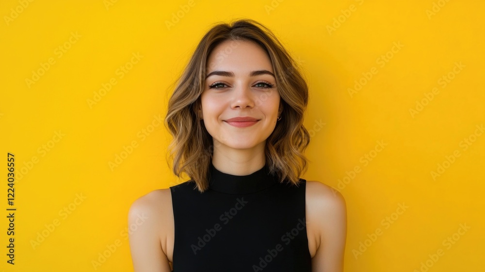 Caucasian young woman with short wavy hair smiling against vibrant yellow background, wearing a black dress, showcasing positive human emotions and expressions. Caucasian young woman with short wavy hair smiling against vibrant yellow background, wearing a black dress, showcasing positive human emotions and expressions.