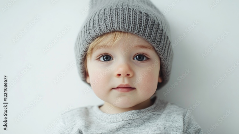 Toddler Boy Wearing Gray Beanie with Serious Expression on White Background Reflecting Childhood Emotions and Resilience in Adorable Portrait