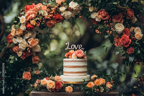 Fototapeta Naklejka Na Ścianę i Meble -  Two Tiered Wedding Cake With Floral Decorations
