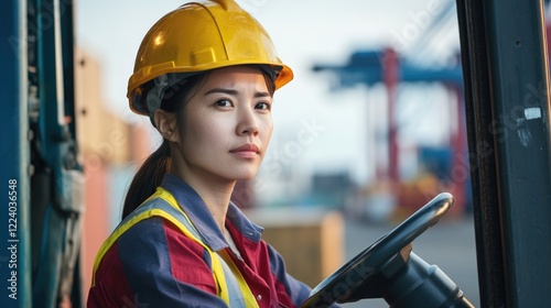 Asian female forklift operator wearing safety helmet and uniform, driving container forklift at commercial dock in a shipping terminal during daylight. photo