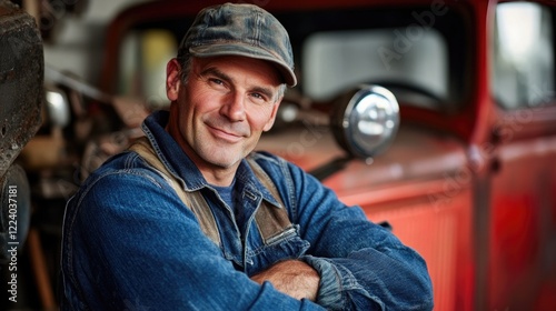 Confident middle-aged male mechanic in denim workwear smiling at the camera in a rustic auto repair shop with vintage red truck background.