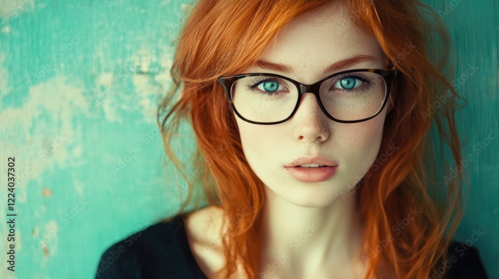 Fototapeta premium Portrait of a young woman with vibrant red hair and glasses, showcasing striking blue eyes against a textured teal background, in a stylish and playful tone.