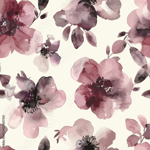 Cute  blush pink and burgundy flowers watercolor floral seamless pattern. Watercolor print in rustic vintage style, textile or wallpapers.