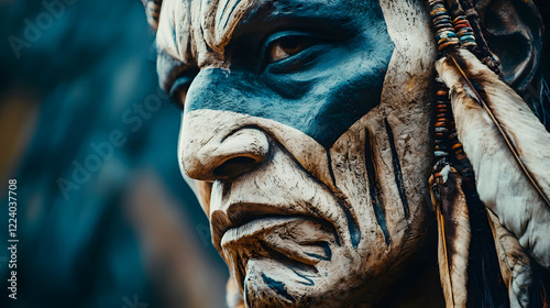 Intricate tribal warrior mask with detailed carving and feathers : Generative AI photo