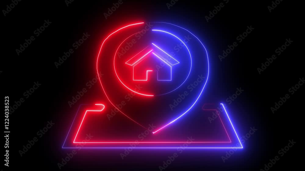 Neon location icon and home Symbol in red and blue color Animation on Black Background Neon location icon and home Symbol in red and blue color Animation on Black Background