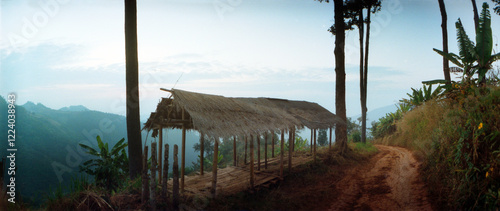 Panoramic view of thatched roof shade on a hill, Chiang Mai, Thailand.
