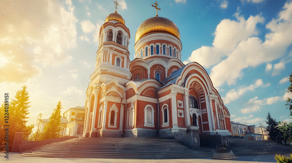 Fototapeta premium Majestic Orthodox Cathedral under Clear Blue Sky with Golden Domes Lit by Sunlight : Generative AI