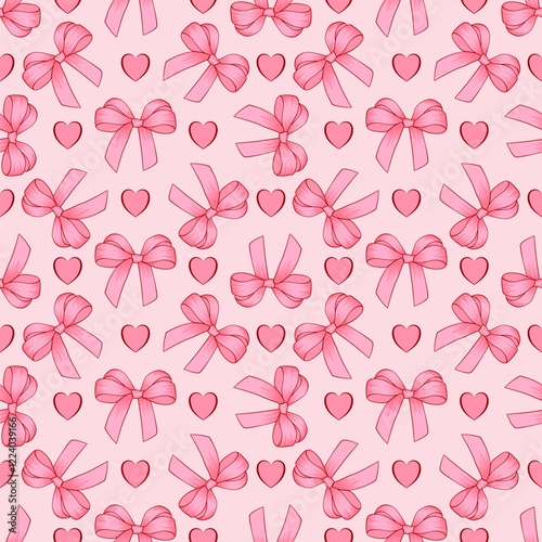 Valentine pink ribbon and heart on lite ping background. Vector seamless pattern. Design for decoration, wrapping paper, wallpaper, background and St. Valentine's Day decoration.