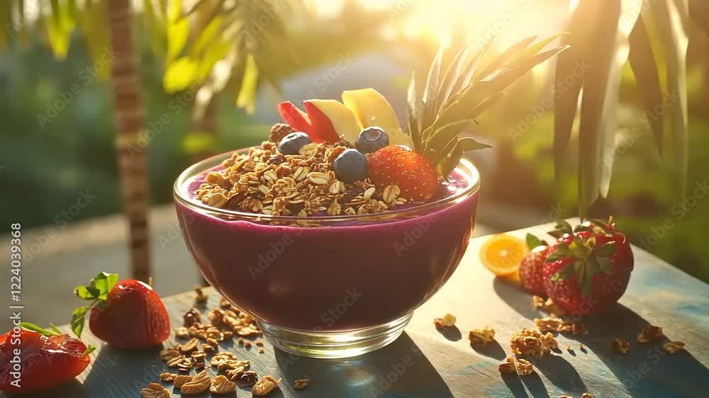 Colorful smoothie bowl with fruits and granola outdoors