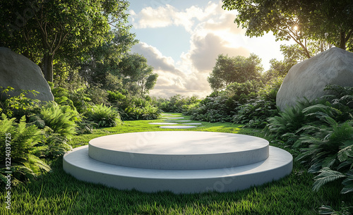 A dreamy landscape with a round white podium in the foreground, surrounded by lush greenery and a bright sky with fluffy clouds. Ideal for product presentation and branding visuals.