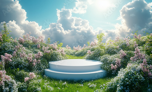 A dreamy landscape with a round white podium in the foreground, surrounded by lush greenery and a bright sky with fluffy clouds. Ideal for product presentation and branding visuals.